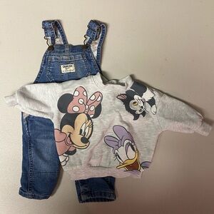 Disney Gray Sweatshirt with OshKosh Floral Denim Overalls